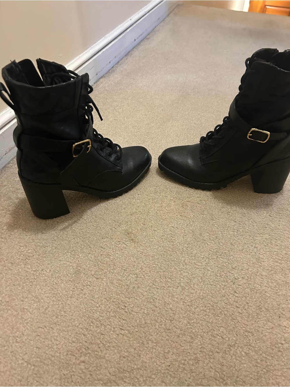 Express Black Lace-Up Block Heel Ankle Boots with Buckle Accent